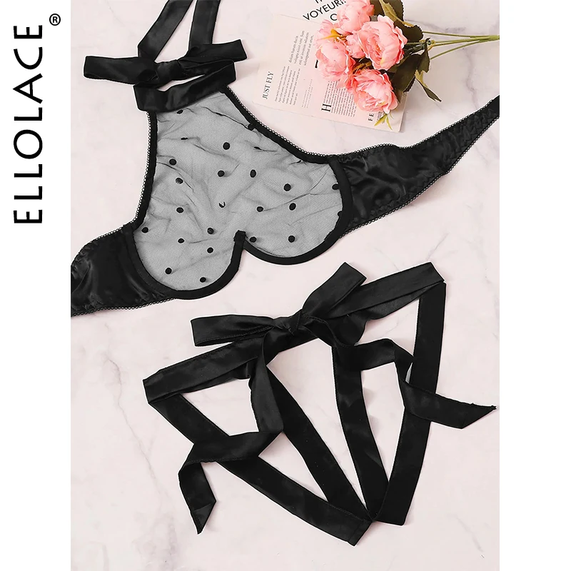 Ellolace Polka Dot Undertøj til Kvinder Undertøj Sæt Erotisk Lingeri Sæt Sexet Halterneck-Bh og g-streng Kvindelige Blonder Gennemsigtigt Undertøj