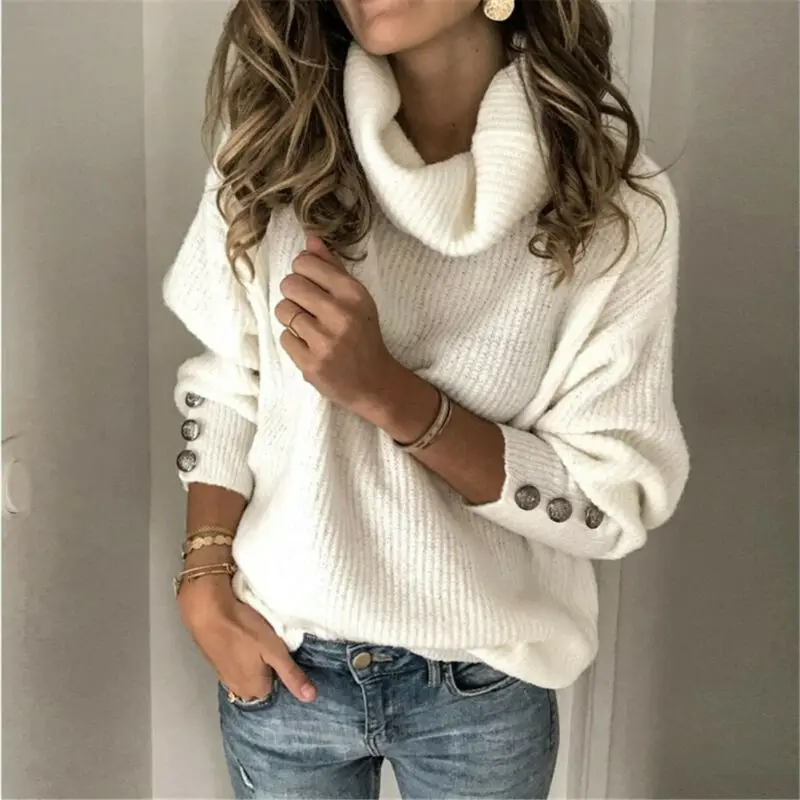 Efterår Og Vinter Kvinder Strikkede Sweater 2020 Tyk Casual Pullover Jumper Langærmet Rullekrave Solid Cashmere Løse Toppe