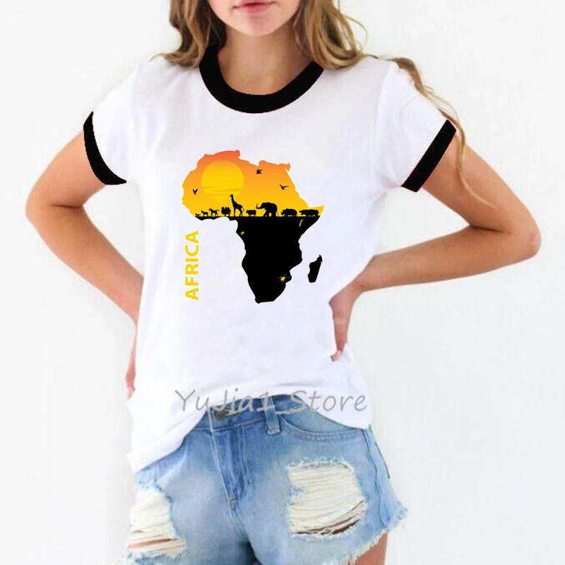 Nyhed Afrika Kort tee kærlighed hjem udskrive grafiske T-shirts til Kvinder Black queen Hip hop Melanin shirt kvinde Sjove tshirt Engros
