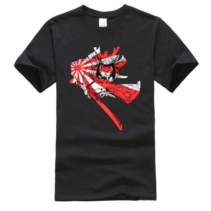 Sjove Sorte Tees Vintage Samurai Kat Pizza Grafisk T-Shirt, Sommer, Efterår Høj Kvalitet Brugerdefineret Korte Ærmer Bomuld Sweatshirt