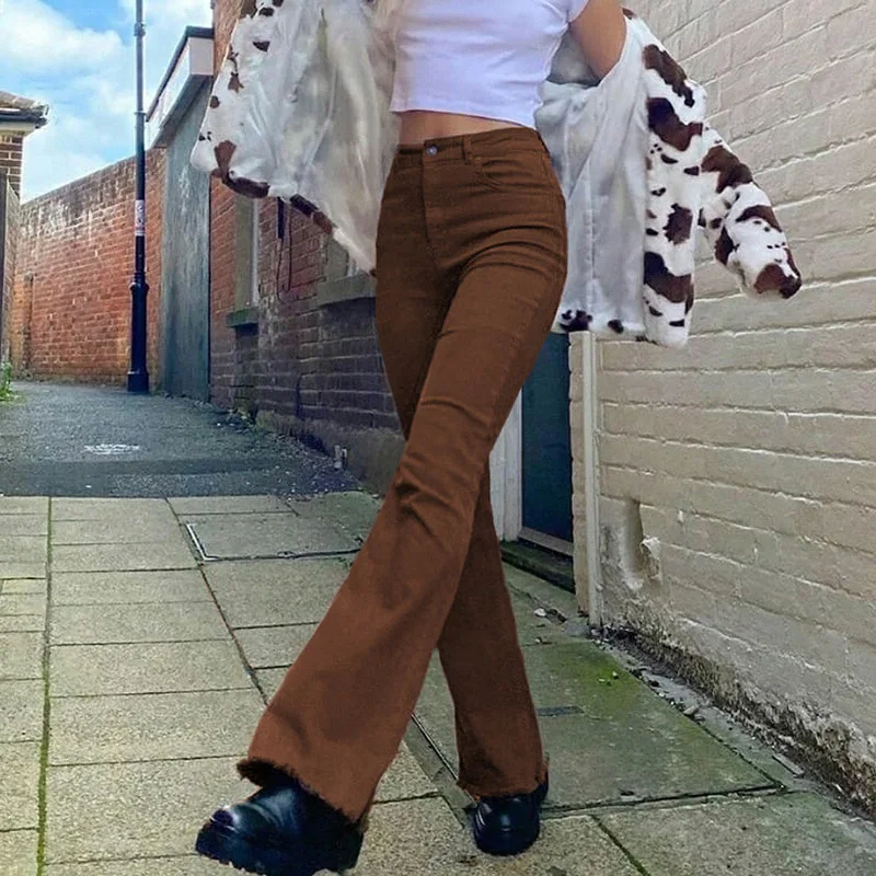 Casual Solid Y2K Flare Jeans Til Piger Kvindelige Fashion Streetwear Kvinders Vintage Denim Bukser med Høj Talje Varme Harajuku Capris