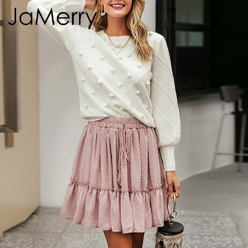 JaMerry Vintage elegant pels pompon kvinder sweater Lanterne ærme strikket sweater kvinder casual Streetwear sød pullover jumper