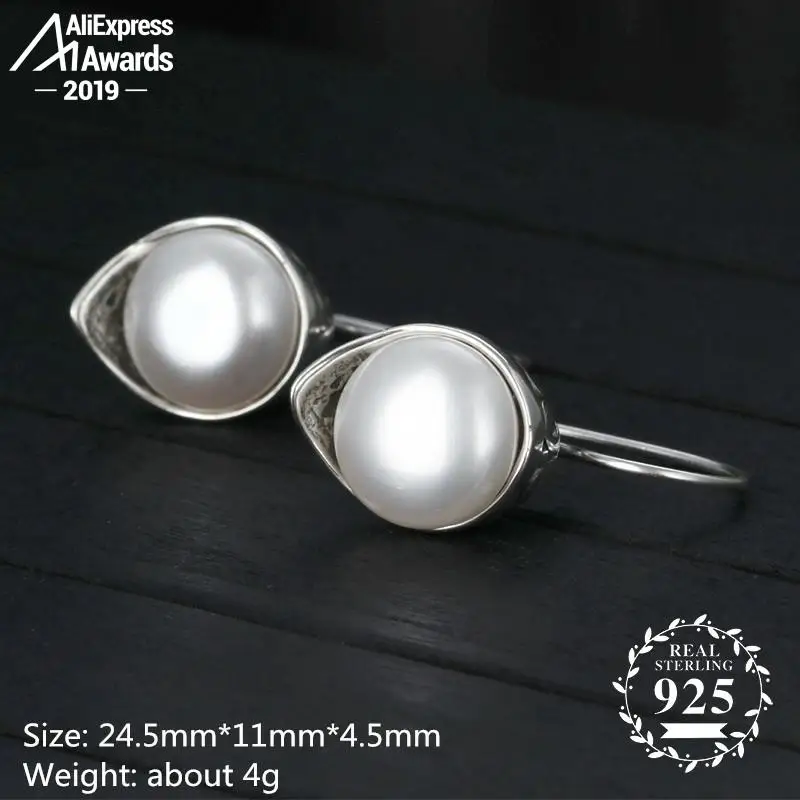 øreringe S925 fine dråbe øreringe af 925 sterling sølv ferskvandsperle oval form kvinder dråber shell mønster