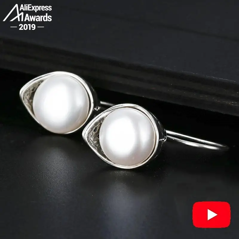 øreringe S925 fine dråbe øreringe af 925 sterling sølv ferskvandsperle oval form kvinder dråber shell mønster