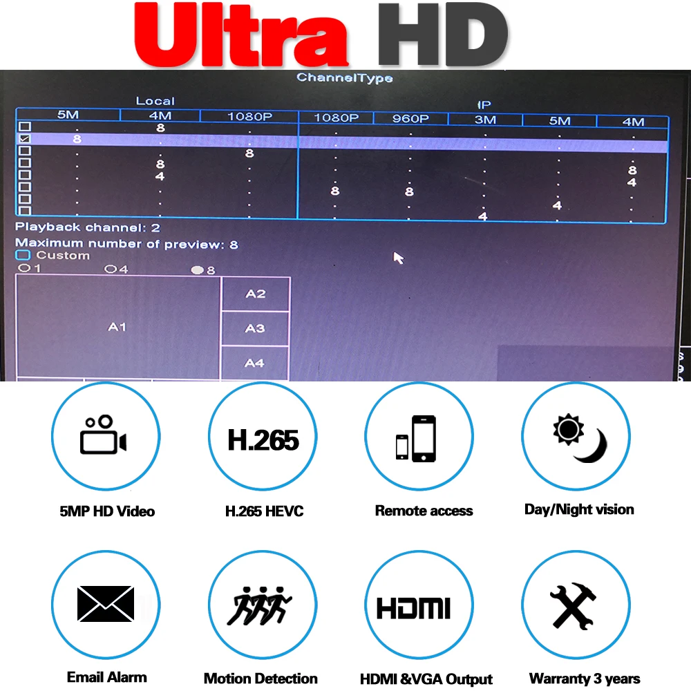 H. 265+ 8ch AHD DVR System HD 5MP 1/3
