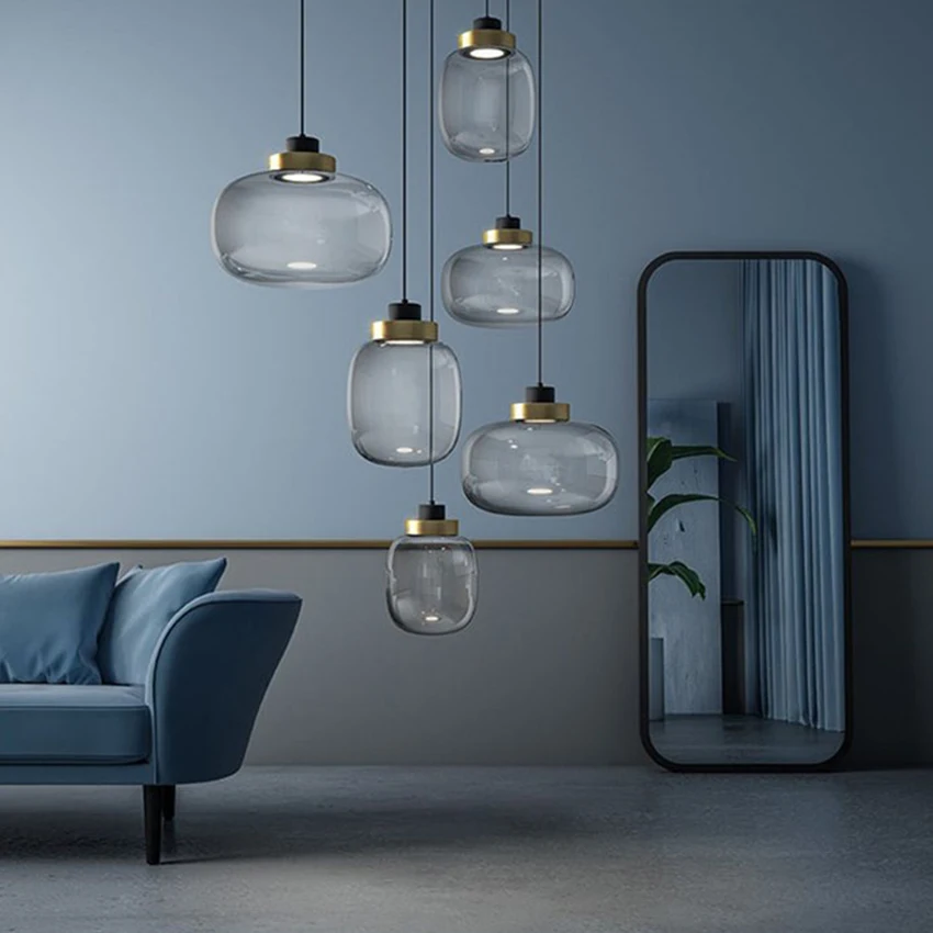 Nordisk moderne glas hængende lys grå farve stue, soveværelse sengen led pendel restaurant industrial light fixture