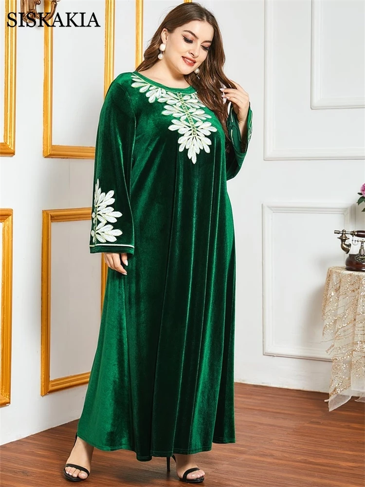 Velvet Broderi Maxi Kjole til Kvinder Vinteren 2020 Grønne Plus Size O Hals Flare Lange Ærmer arabisk Muslimske Dubai Abayas 4XL Ny