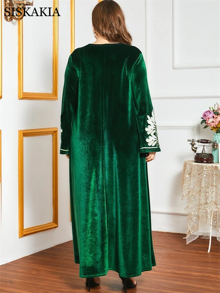 Velvet Broderi Maxi Kjole til Kvinder Vinteren 2020 Grønne Plus Size O Hals Flare Lange Ærmer arabisk Muslimske Dubai Abayas 4XL Ny