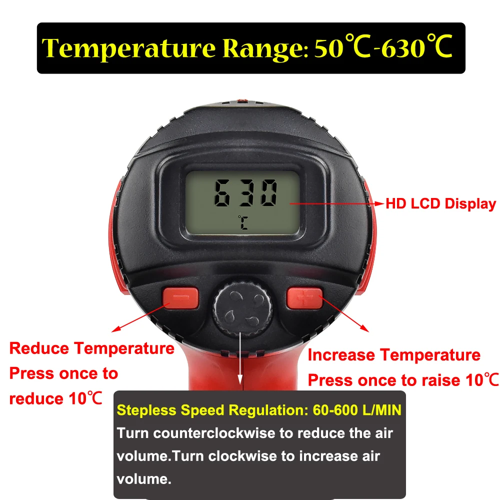 NEWACALOX EU-220V 2000W LCD-Display varmepistol Variabel Temperatur Varm Luft Pistol 4 Dyser til Skrumpe Indpakning Termisk el-Værktøj