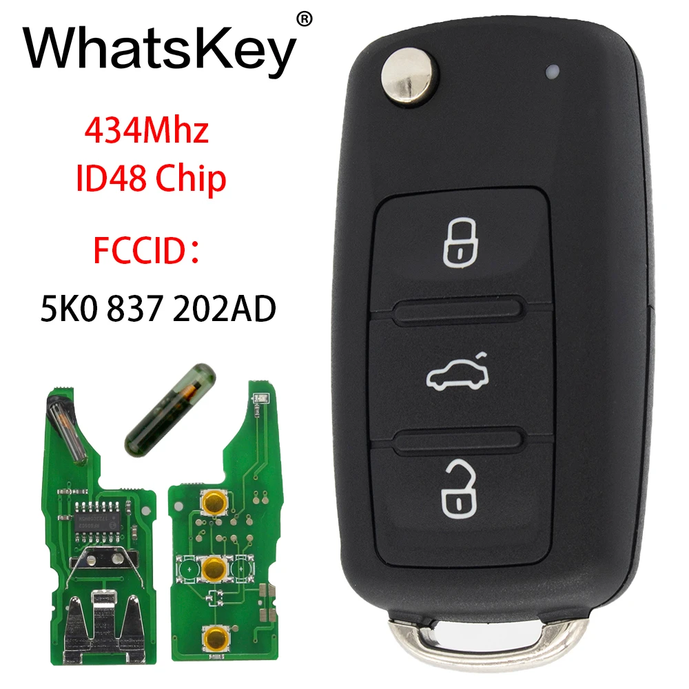 WhatsKey 3-Knappen Fjernbetjening 434Mhz ID48 Chip Bil Nøgle Til Volkswagen VW Caddy Golf Jetta Eos Golf 5K0 837 202 AD Hella 5K0837202AD