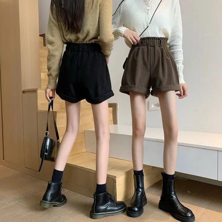 Shorts til Kvinder Solid Retro Over-knæet Efteråret Ny koreansk stil, Høj talje Fritids-Wide-ben, Elegante Damer, Street Wear Mode Dagligt