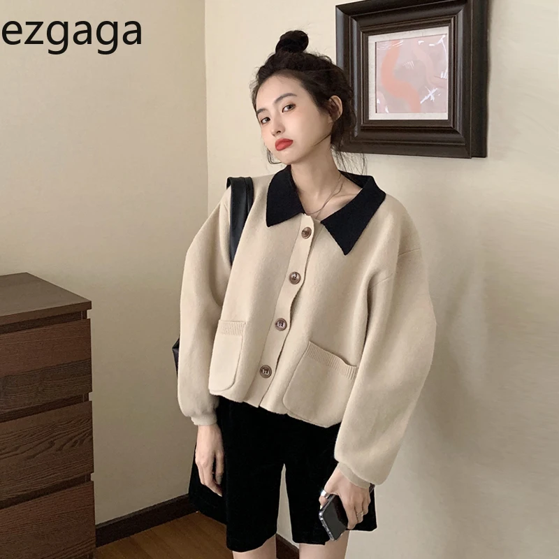 Ezgaga Strik Cardigan Kvinder Koreansk Mode Turn-Down Krave Lange Ærmer Outwear Løs Damer Enkelt Breasted Varm Sweater Casual