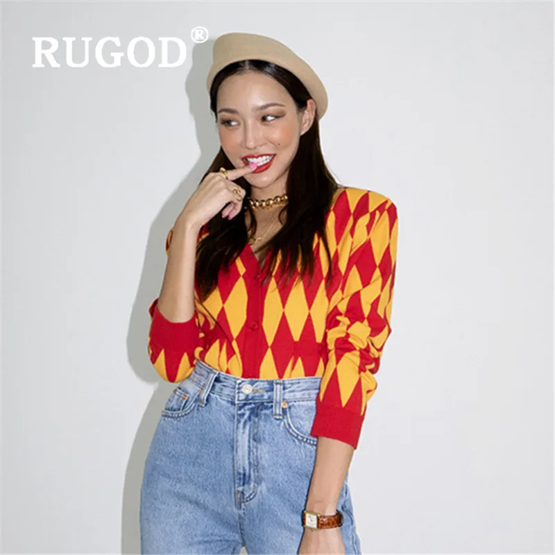 RUGOD 2019 koreansk Stil med V-hals Sweater Kvinder Kontrast Farve en Enkelt Breasted Geometriske Cardigans Casual Dame Trække Femme Hiver