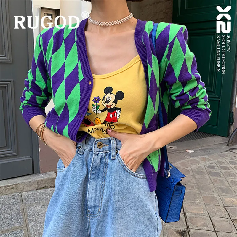 RUGOD 2019 koreansk Stil med V-hals Sweater Kvinder Kontrast Farve en Enkelt Breasted Geometriske Cardigans Casual Dame Trække Femme Hiver