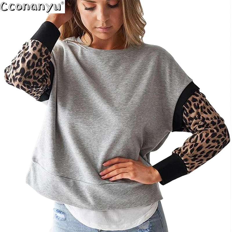 Kvinder Rund Hals Leopard Print Hættetrøjer Efteråret Afslappet Langærmet Kvinder Patchwork Pullovere Sweatshirts