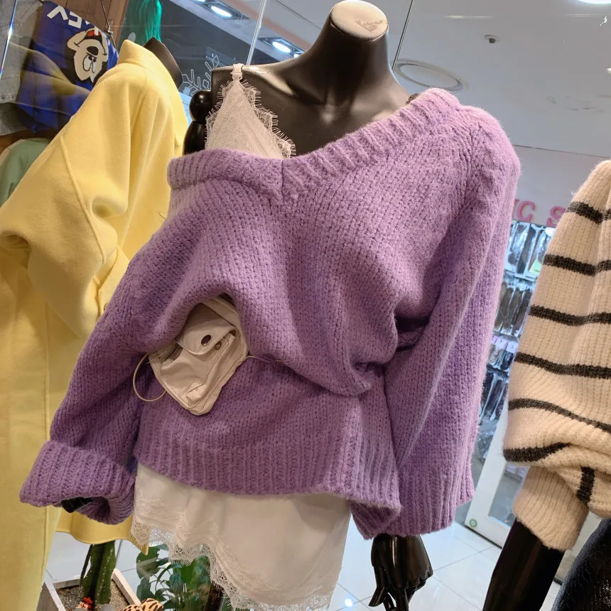SHIJIA Nye mode V-hals, Løs strik sweater kvinde jumper Fuld-ærme elegant casual solid strik pullover kvindelige efteråret 2020