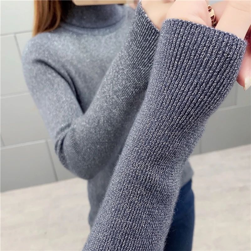 Gkfnmt Turtleneck Sweater Kvinder at Strikke Smarte Trøjer Skinnende Lurex Grundlæggende Sweater Casual Kvinde Jumper Slank Toppe Grå Sort Hvid