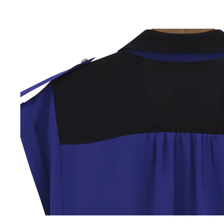 Gratis forsendelse, normic turn-down krave farve blok dekoration dobbelt lomme roll-epaulette kvinder chiffon kort-ærmet trøje
