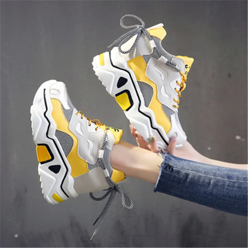 Kvinder Platform Chunky Sneakers 8cm høj lace-up Afslappet Vulcanize Sko luksus Designer Gamle Far kvindelige mode Kile Sneakers