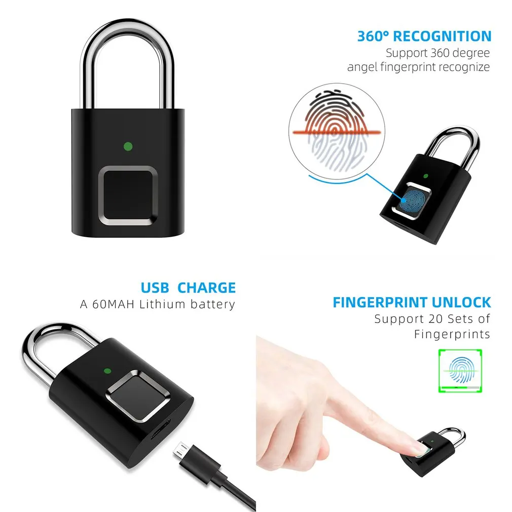Biometrisk Lås, Halvleder-Låse-Smart Door Lock USB-Genopladelige Hængelås på Døren Elektronisk Lås Intelligente Hjem Nøglefri Låse