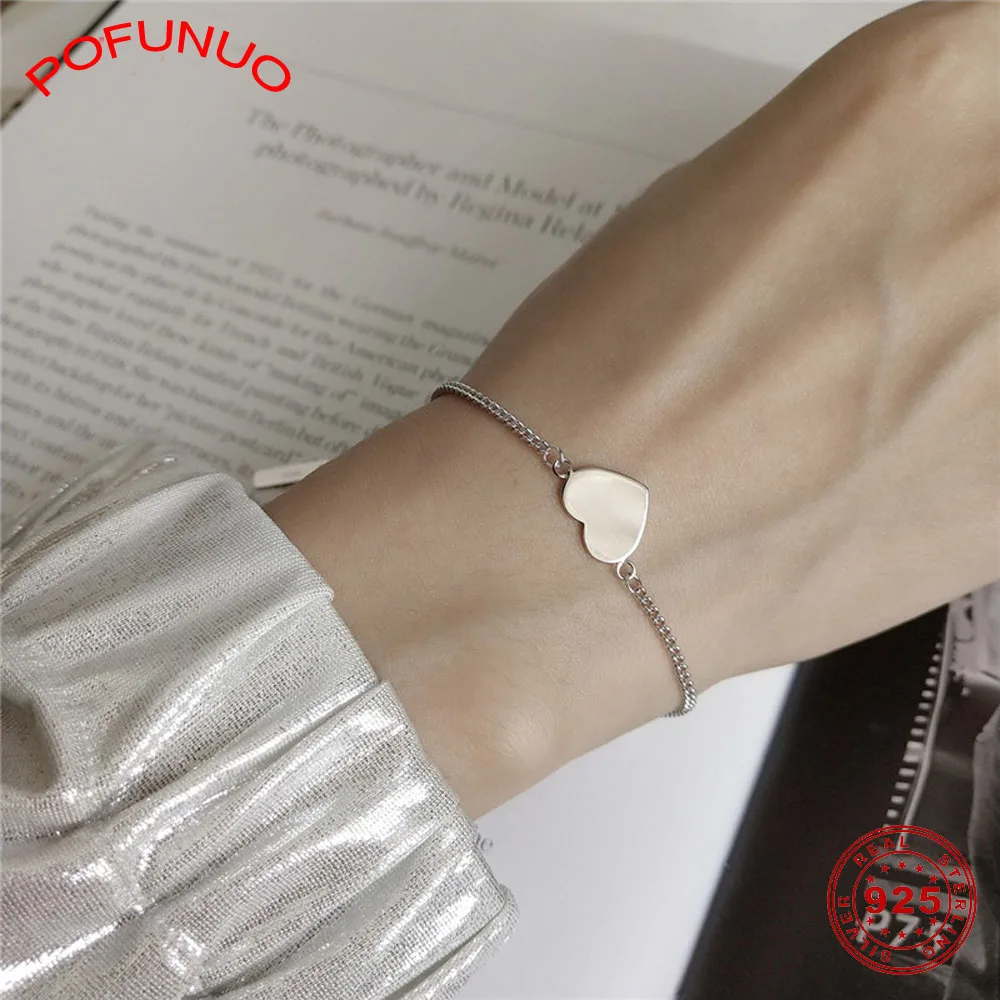 POFUNUO 925 Sterling Sølv koreansk Stil, Mode Armbånd Elskende Hjerte Kæde Bedste Gaver Kvinder Fine Smykker, Armbånd Sølv 925