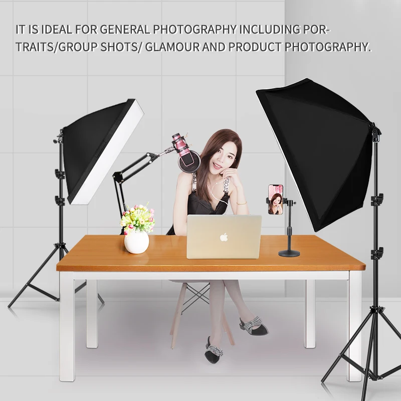 Fotografering Belysning Kit Foto, Max Professionel Studio Kontinuerlig Udstyr med 2 Pærer E27 Sokkel 50cm*70cm Softbox