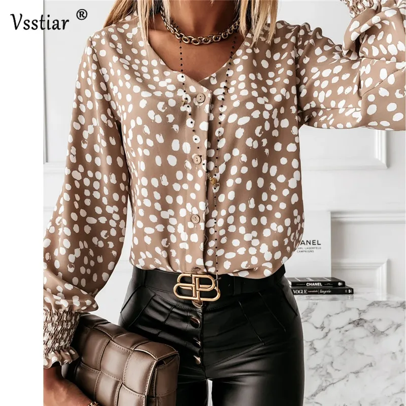 Elegant Bluse Kvinder 2020 Mode-Polka Dot Afslappet Langærmet Shirts Plus Size Sexy V Hals Kontor Damer Toppe