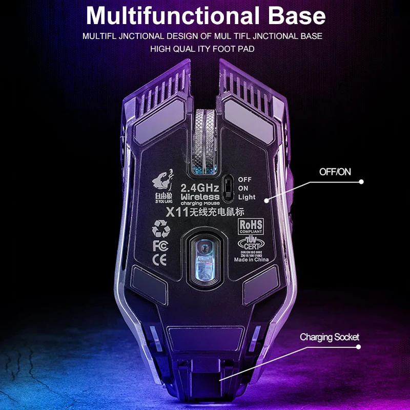 Trådløse Gaming Mus Genopladelige X11-2.4 GHz Tavs LED-Baggrundsbelyst USB-tilsluttet Optisk Ergonomisk Mus, Gaming Mus laptop/PC-mus