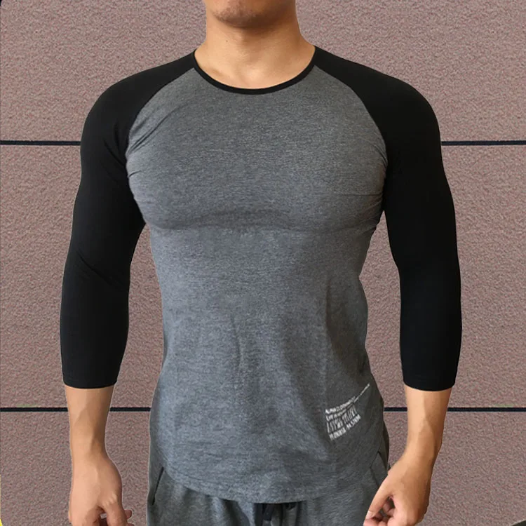 Kortærmet T-shirt med Lange Ærmer 3/4 Ærme Tre Kvarter, Patchwork-Shirt i Bomuld Bodybuilding Tshirt Workout Fitness Mænd Tøj
