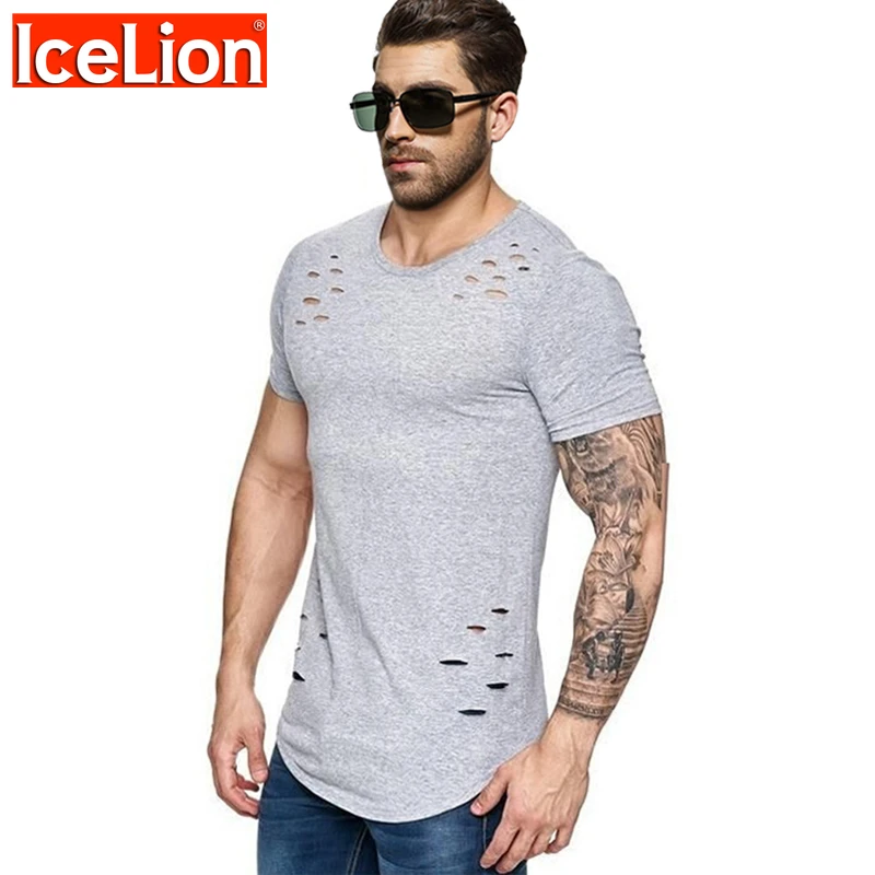 IceLion 2021 Nye Forår Korte T-Shirt Mænd Mode Hul Design Trænings T-shirt til Sommeren kortærmet Fast Slim Fit Hip Hop t-shirt