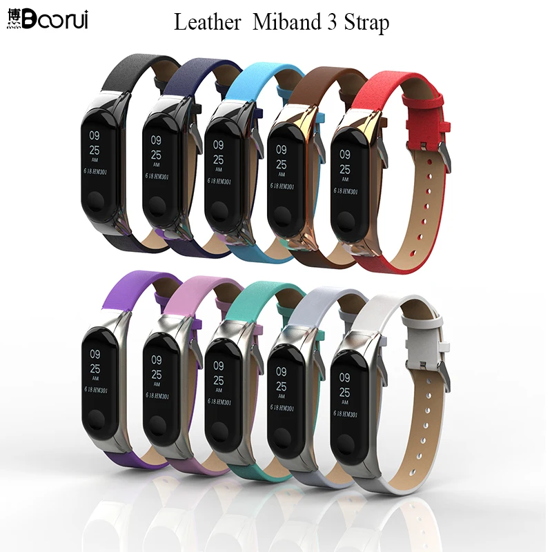 BOORUI Læder Miband 3 Strap Smart Tilbehør til Xiaomi Mi Band 3 Strap Udskiftning Anti-Tabte Sports Bælte med Metal sag