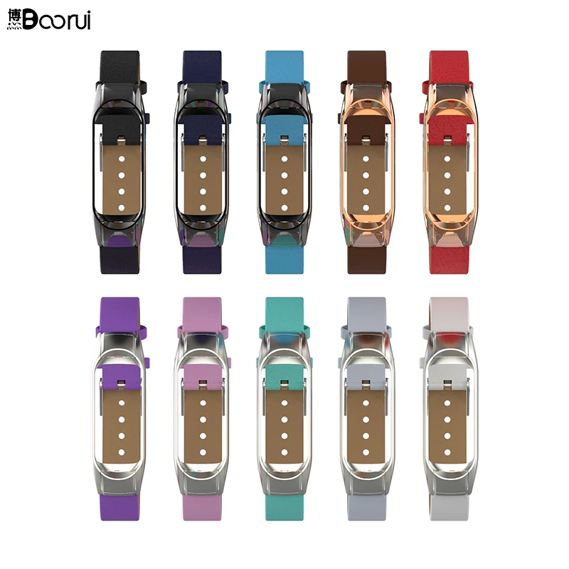BOORUI Læder Miband 3 Strap Smart Tilbehør til Xiaomi Mi Band 3 Strap Udskiftning Anti-Tabte Sports Bælte med Metal sag