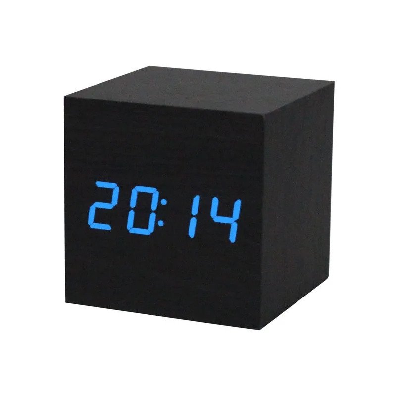 2018 Akustisk Kontrol Alarm Træ cube Ur LED Kalender Kreative vise Soveværelse Studerende bordet watch kit#23#5%