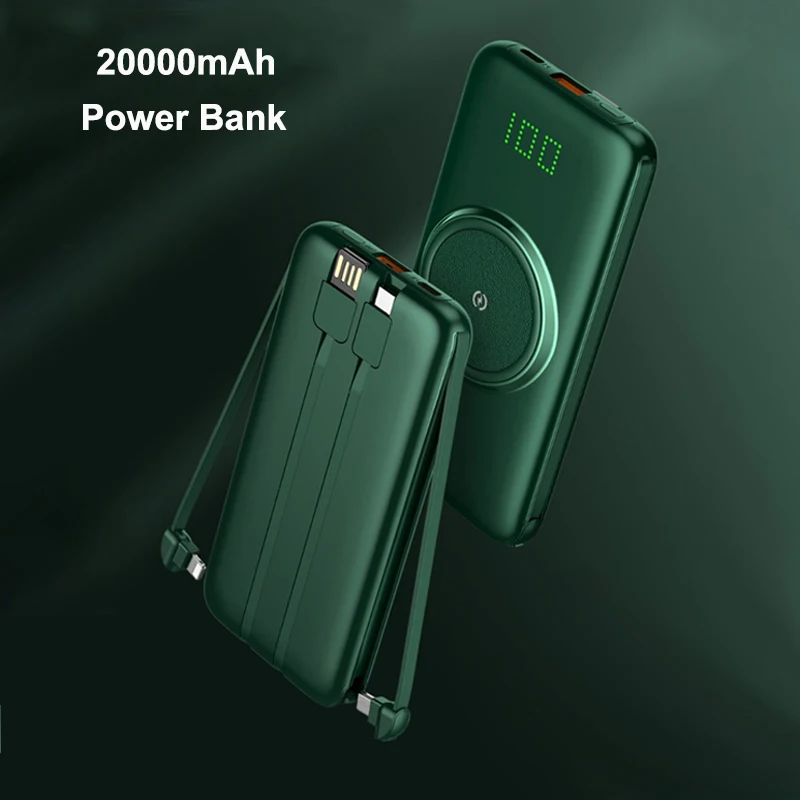 20000mAh Wireless Power Bank Powerbank 10000mAh Drevne LED Display Bærbare Charger Ekstern Batteri Med Fire Kabel