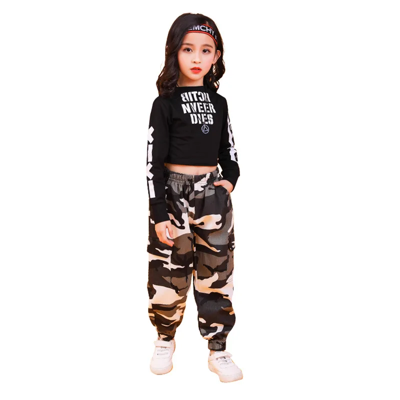 Børne Hip Hop Tøj Sweatshirt Afgrøde Top med Lange Ærmer Camouflage Streetwear Taktiske Cargo Bukser til Piger Danse Kostume Tøj