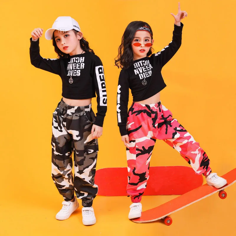 Børne Hip Hop Tøj Sweatshirt Afgrøde Top med Lange Ærmer Camouflage Streetwear Taktiske Cargo Bukser til Piger Danse Kostume Tøj