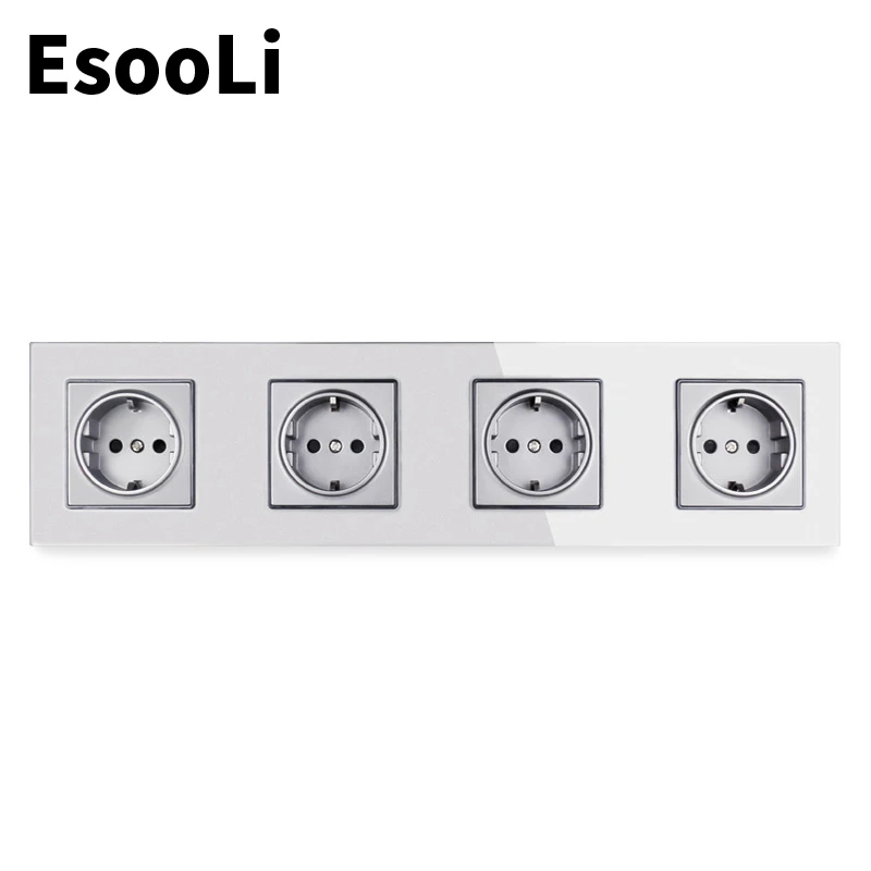 Esooli EU-Standard for 4 Gang Krystal Glas PanelWall Socket 344*86mm Stikkontakt Jordforbundet Stik 16A Sort Stikkontakt