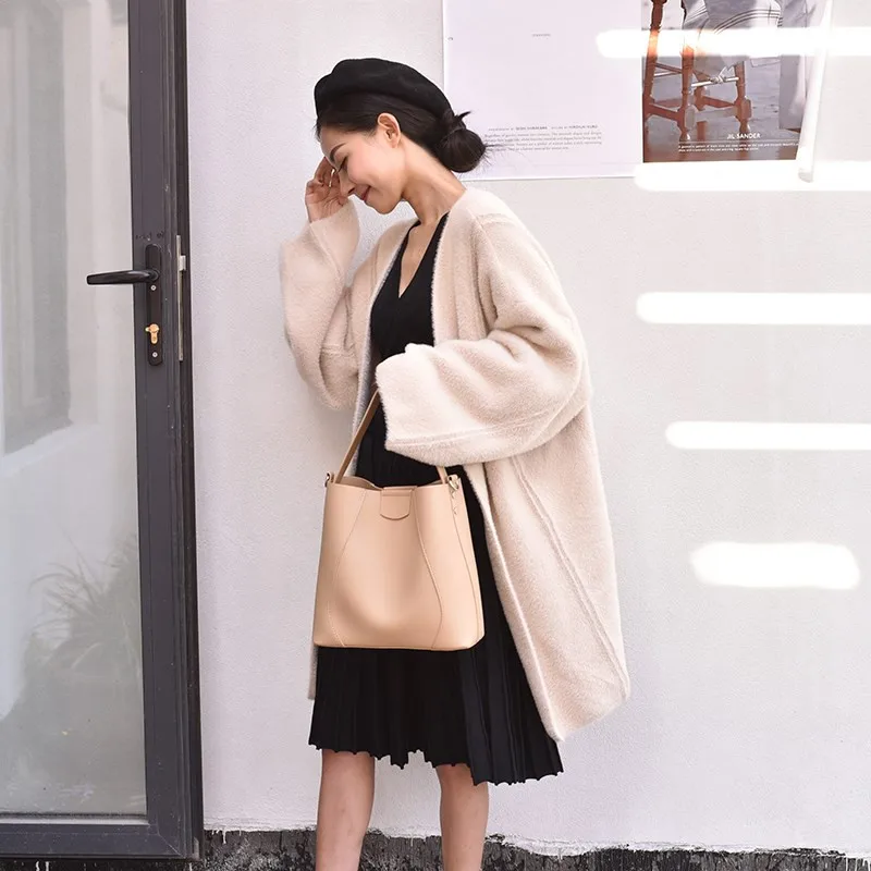 Koreansk stil spand pose for kvinder skuldertaske PU Læder håndtaske Luksus Designer Kvindelige messenger tasker dame Totes bolsas sort
