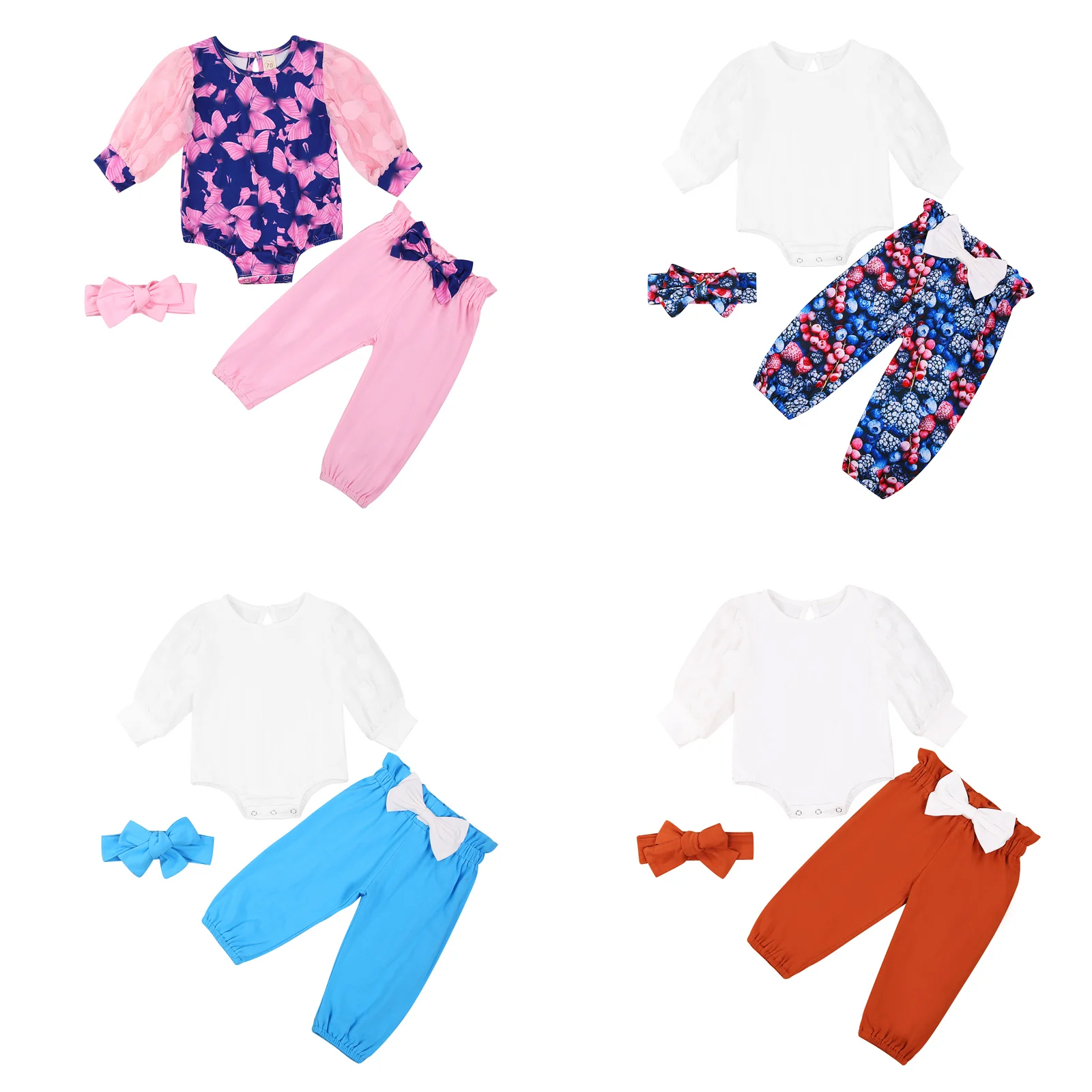 0-18M Infant Piger Tøj Sæt Prinsesse Lace langærmet Blomster Print Body Top+ Bukser +Pandebånd 3stk Udstyr 2020 Efteråret