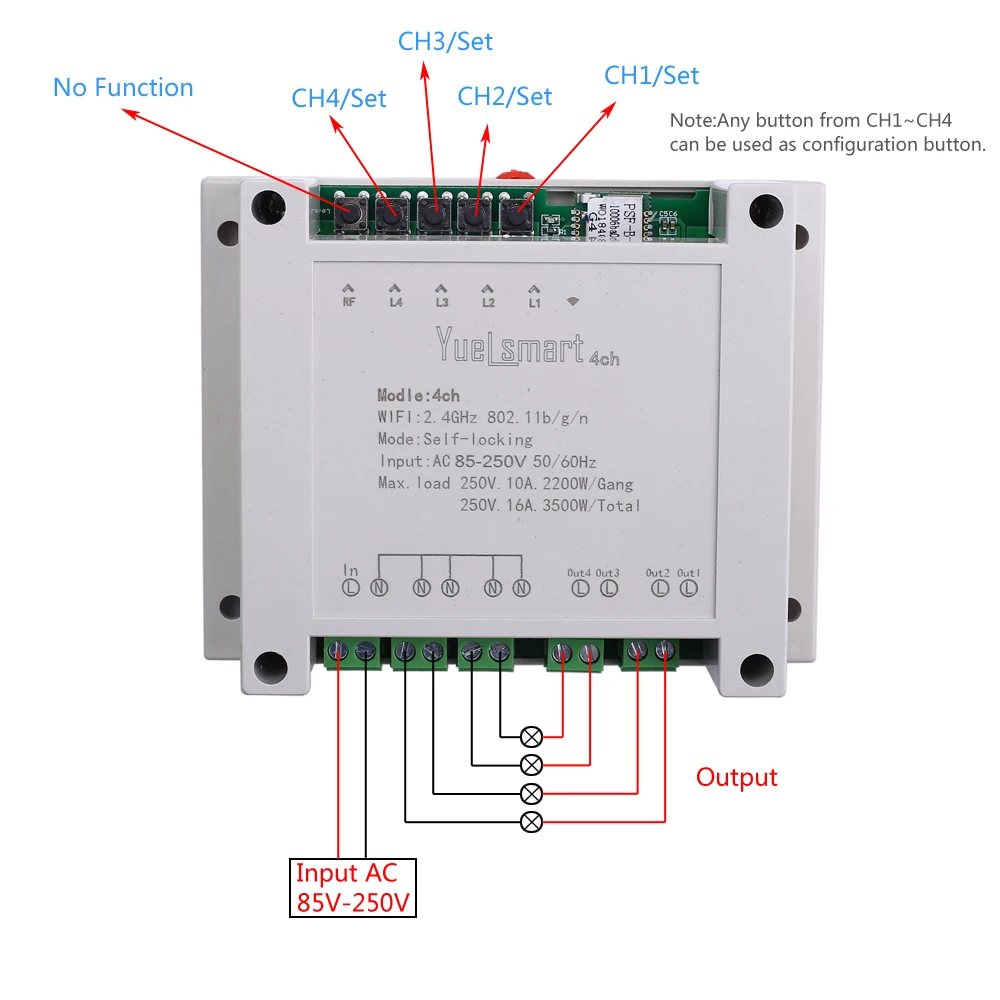 4-Kanals 2,4 G IoT 10A Wireless WIFI Intelligent Styring Skifte selvlåsende Relæ Modul AC 85V-250V