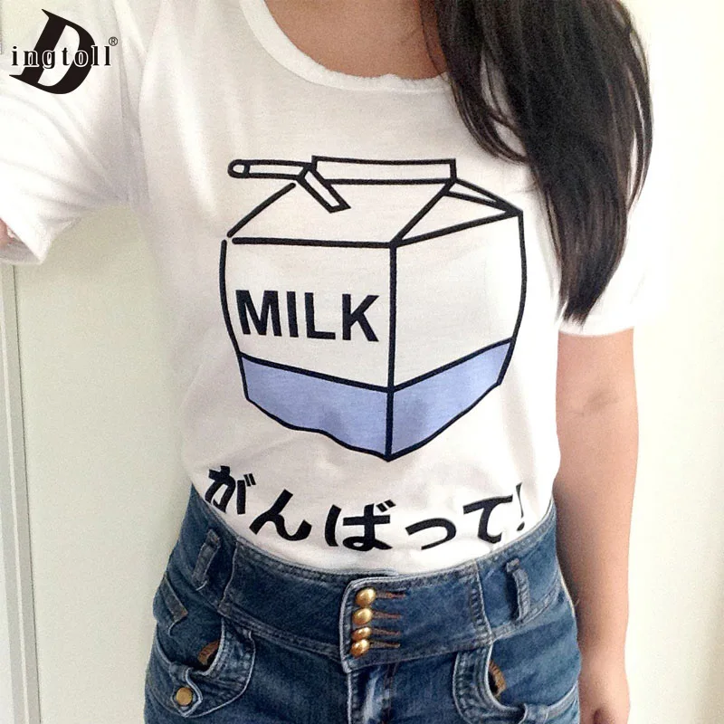 Dingtoll Japan Style Mælk Trykt Toppe Studerende Kvindelige Harajuku T-shirt Hipster Tumblr Sort Hvid WMT321