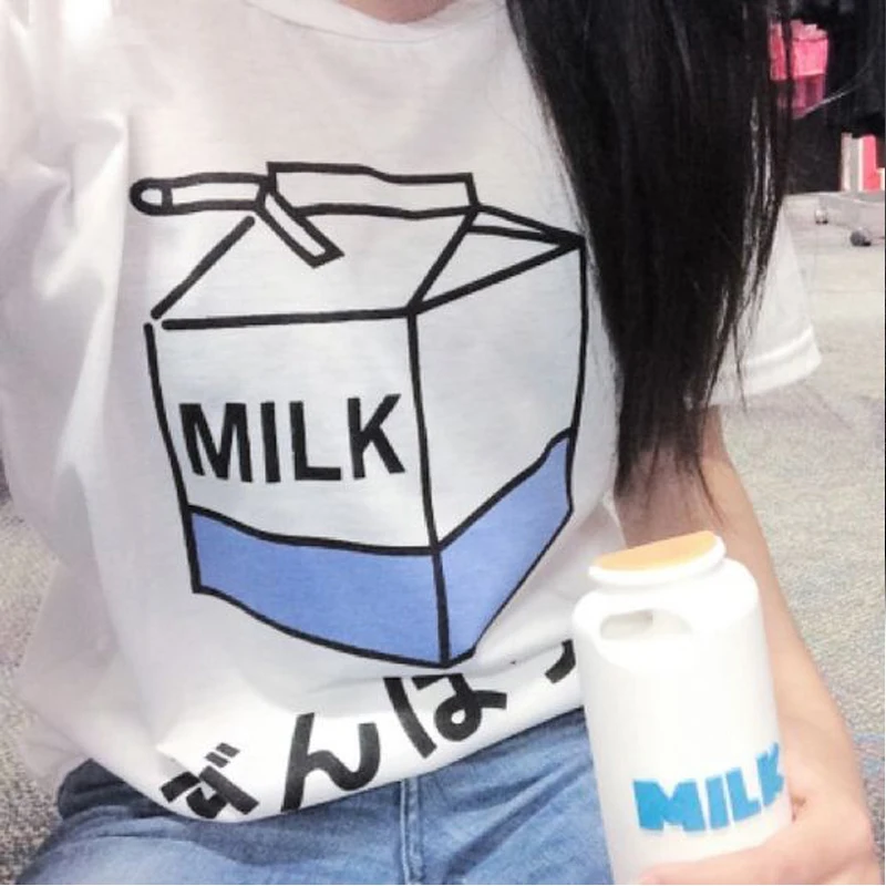 Dingtoll Japan Style Mælk Trykt Toppe Studerende Kvindelige Harajuku T-shirt Hipster Tumblr Sort Hvid WMT321