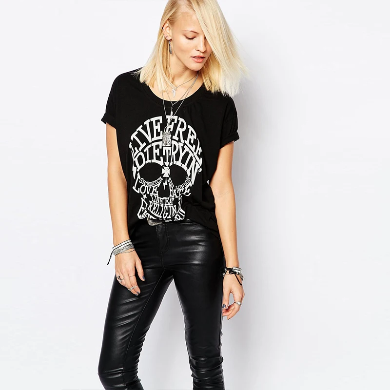 2019 sommer rock, punk t-shirt kvinder streetwear kranium trykt korte ærmer bomuld løs sort harajuku mærke tee shirt femme toppe