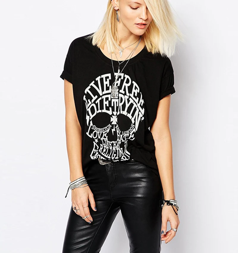2019 sommer rock, punk t-shirt kvinder streetwear kranium trykt korte ærmer bomuld løs sort harajuku mærke tee shirt femme toppe