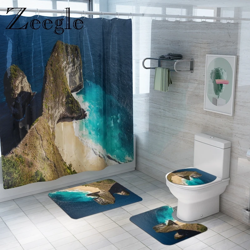 Zeegle Badeværelse Dørmåtte til Væg-Tæppe badeforhæng med 3D Printet Toilet Tæppe Sæt Anti-slip Brusebad Mat vandabsorption Fod Mat