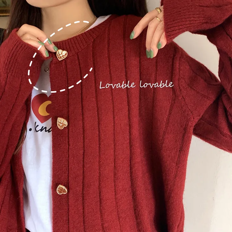 Kawaii Kvinde Trøjer Strikket Cardigan 2020 Vinter Koreansk Mode Søde Hjerte Knapper, Lange Ærmer Bordeaux Rød / Hvid Sweater Toppe