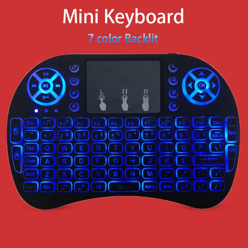 7 Farve-Baggrundsbelyst i8 Mini Wireless Keyboard 2,4 G engelsk, russisk, spansk Air Mouse Håndholdte Touchpad ForAndroid TV-Box Mini PC