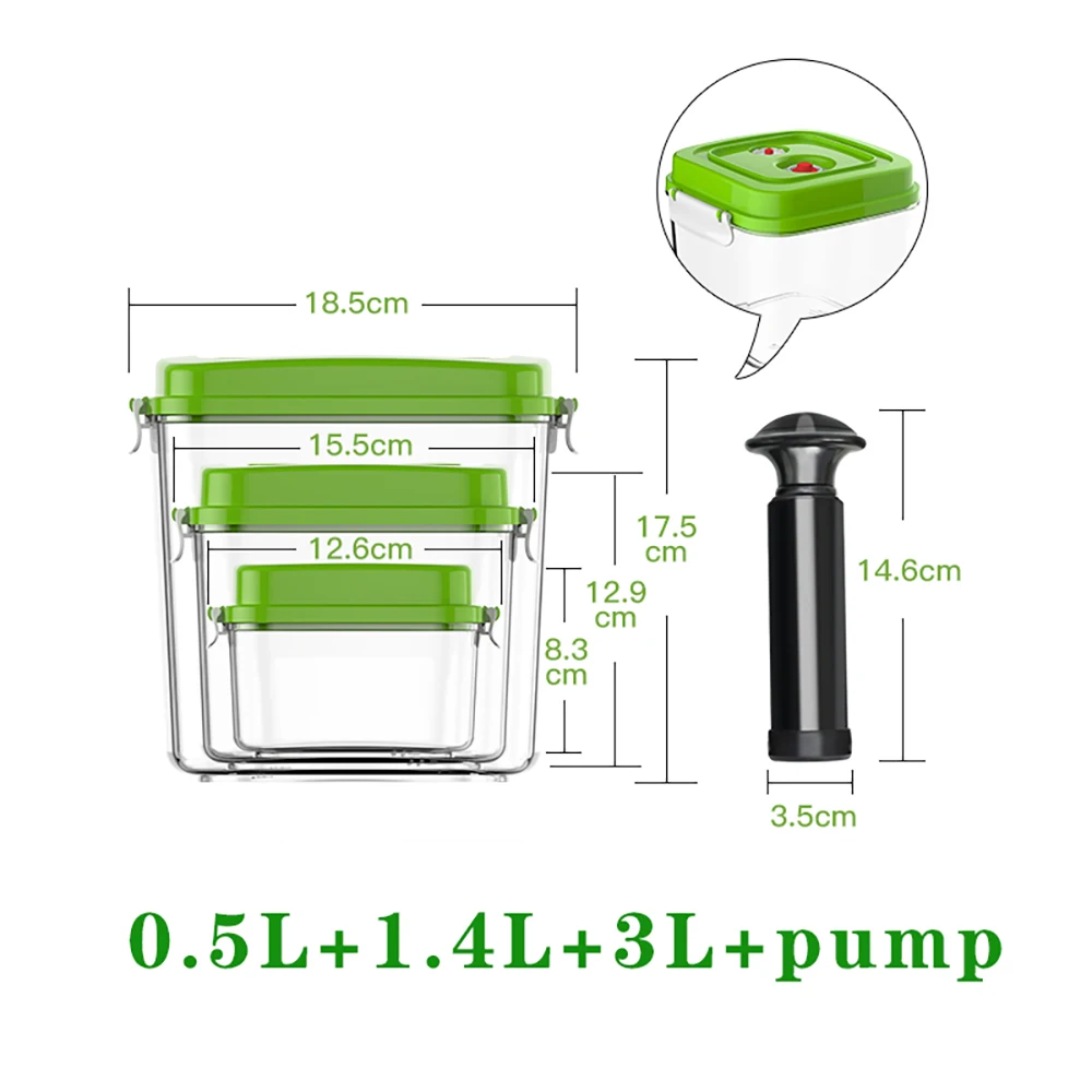 3PCS/Set Stor Kapacitet Mad Vakuum Sealer opbevaringsboks Firkantede plastbeholdere Frisk Holde