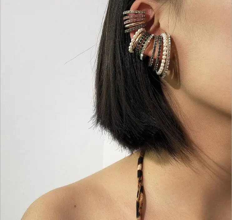 Kvinder Uregelmæssige halv-cirkel øreringe Farvede Rhinestones 3 stykker sæt multi-ring pearl øre knogler