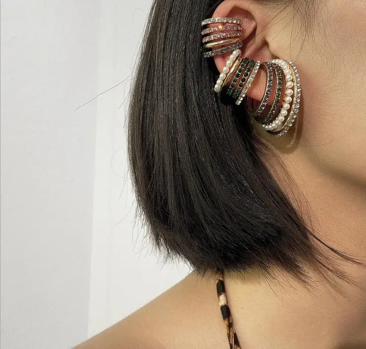 Kvinder Uregelmæssige halv-cirkel øreringe Farvede Rhinestones 3 stykker sæt multi-ring pearl øre knogler